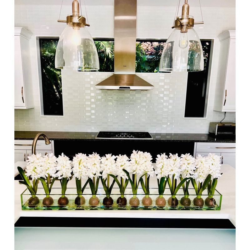 Orchids Centerpiece in Glass Planter, 16" H x 24" W x 4" D, White