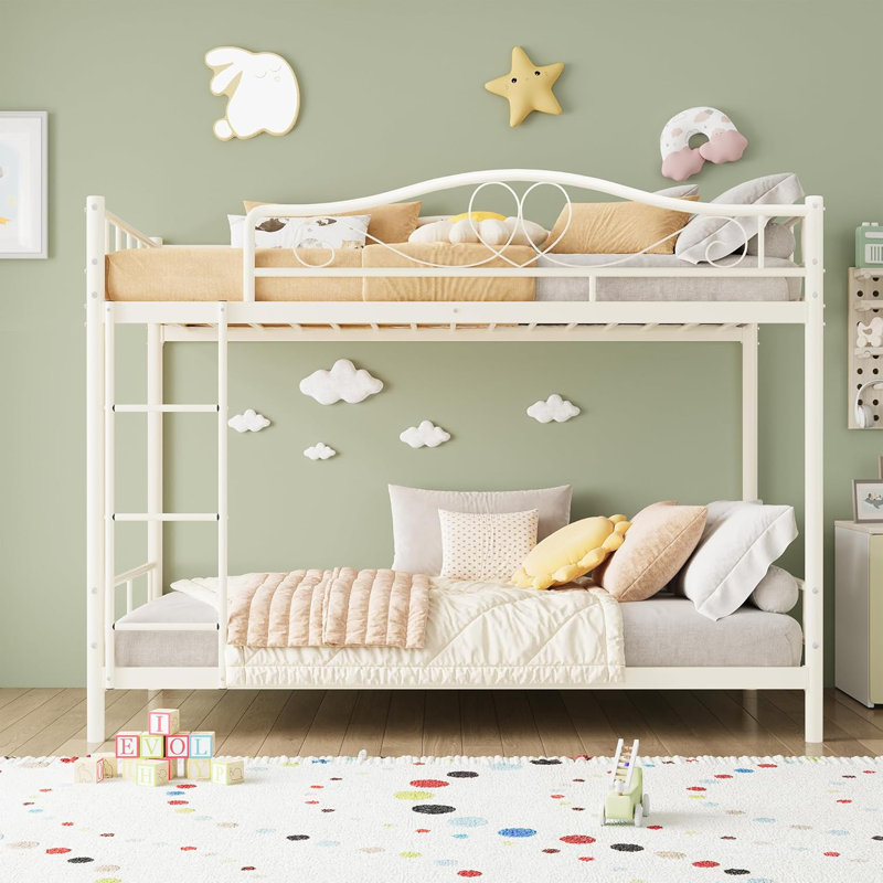 Bunk Bed Twin Over Twin, Twin Bunk Bed with Ladde & Full-Length Guardrails, Heavy Duty Metal 400 LBS Weight Capacity, Space-Saving Design, Noise Free, No Box Spring Needed, Cream White