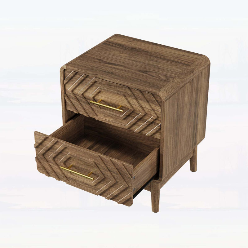 Table de chevet en bois de noyer avec tiroirs doubles, poignées en métal doré et coins arrondis pour l'élégance de la chambre à coucher
