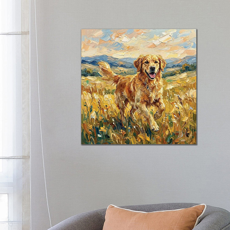 Happy Golden Retriever - reproduction d'art sur toile tendue, 26" x 26", Gallery Wrapped Canvas, No Frame