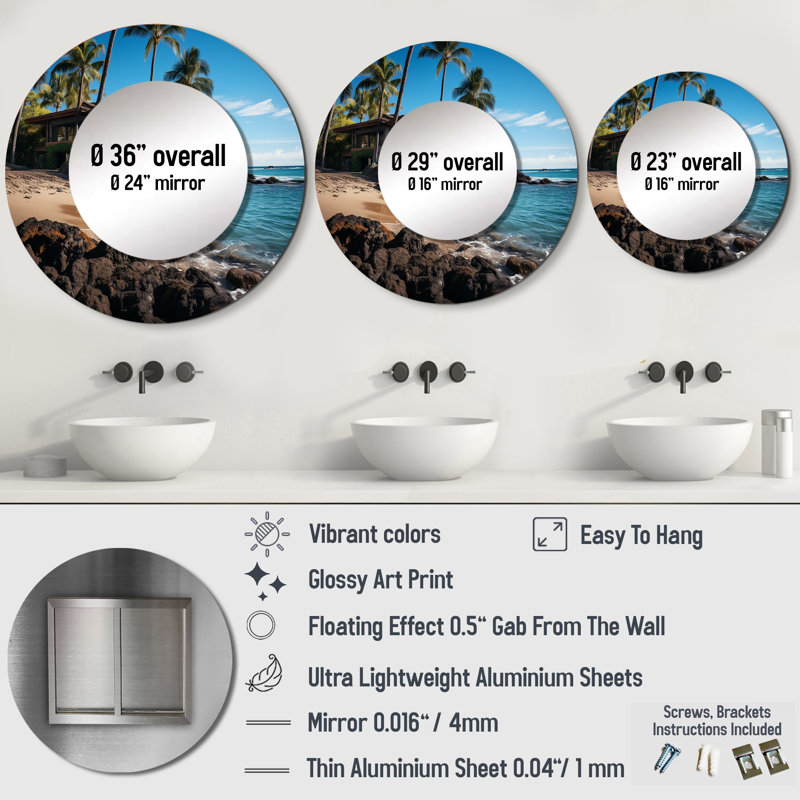 Hawaii Island Retreat - miroir mural Hawaii, miroir décoratif rond moderne, impression d'art en métal, 29 po x 29 po