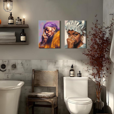 Funny Stank Face Bathroom Wall Art Set Of 2, African American Bathroom Wall Decor Painting, Humor Afrocentric Black Couple Cover Nose Poster Canvas Prints Artwork 12X16 Inch Framed