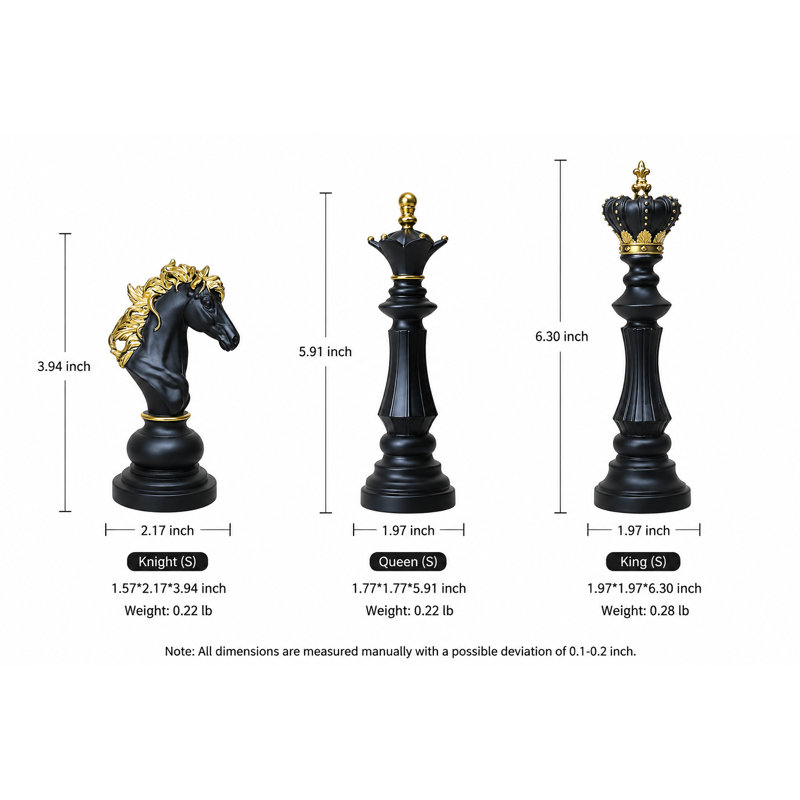 Ensemble de figurines décoratives modernes noires et dorées représentant des pièces d'échecs, statues de luxe en résine pour la décoration d'une étagère, d'un bureau, d'un salon et de la maison.