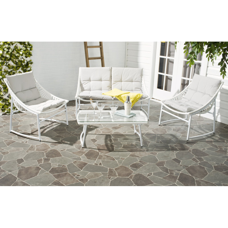 Ensemble de conversation avec canapé en rotin 4 pièces et coussins Larose, Gris, Blanc