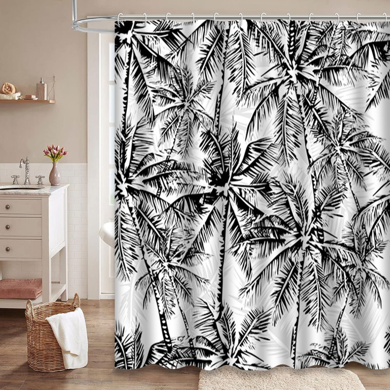 Rideau de douche monochrome à motif de palmiers tropicaux noirs avec 12 crochets, L 72 po x l 78 po