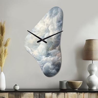 Clouds Whispering Clouds II - Clouds Asymmetrical Metal Wall Clock, Grey Irregular Shape Metal Clock Print