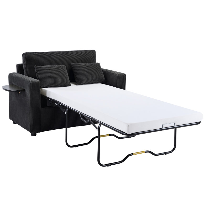 Canapé-lit simple de 47,2 po avec lit pliable, table sur les accoudoirs, hublots, pochette de rangement, coussins lombaires confortables, revêtement en velours côtelé doux pour les petits appartements, lit noir rabattable, côté