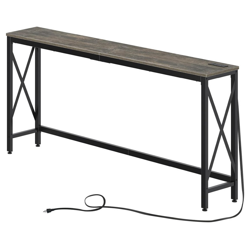 Console Table with Power Outlet, Narrow Sofa Table, Farmhouse Table Behind Sofa Couch, 31.5" H x 70.8" W x 11.8" D, Grey