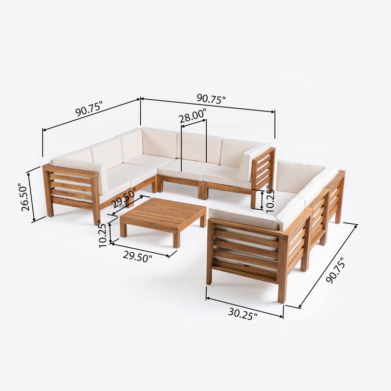 Ensemble de conversation modulaire avec coussins 9 pièces Ajanai, Structure teck / coussin beige