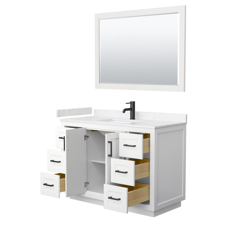 Miranda 48" Freestanding Single Bathroom Vanity with Cultured Marble Top with 46" Mirror, White, Matte Black