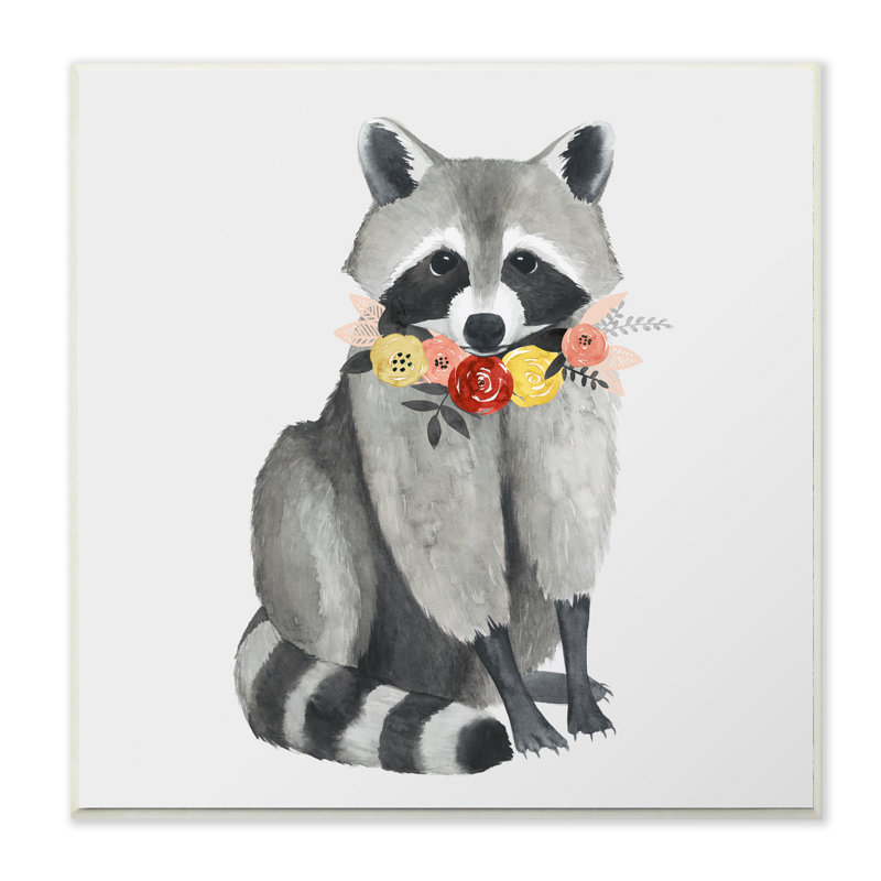 Joli raton laveur assis avec guirlande de fleurs - Art, H 12 po x l 12 po x P 1,5 po, Plaque murale