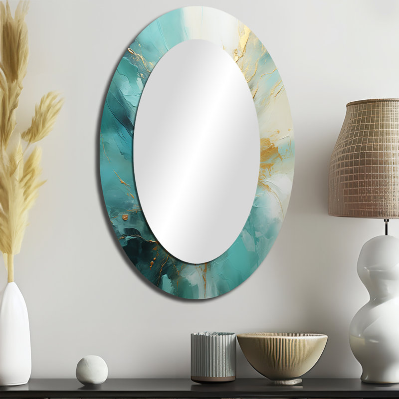 Doré et bleu sarcelle Aurora Harmony II - grand miroir mural ovale sur métal, 36 po x 24 po
