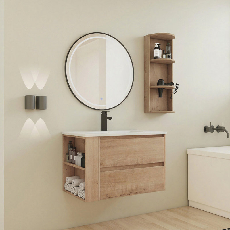 Meuble-lavabo mural 30 po avec lavabo et support de rangement, 2 tiroirs à fermeture en douceur
