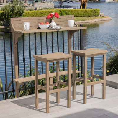 3-Piece Balcony Bar Set With Bottom Shelf Table And 2 Stools, Grey Finish