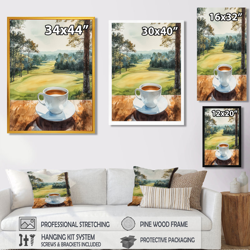 «Coffee Cup At The Golf Court I» - Art mural café, Brun, H 32 po x l 24 po, Impression encadrée flottante