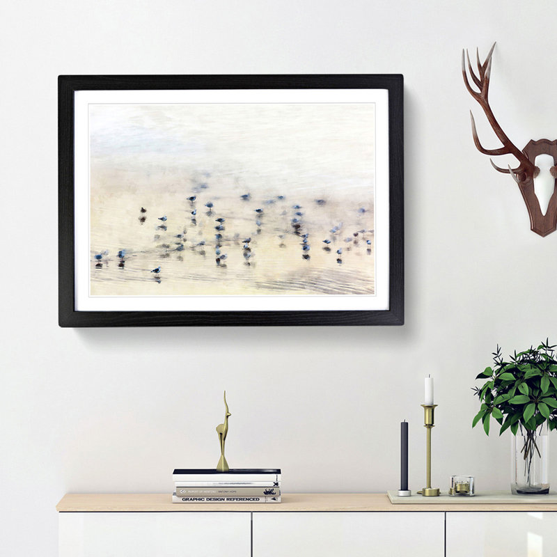 Seagulls upon the Beach - Picture Frame Painting Print, Black Framed, 62cm H x 87cm W x 2cm D