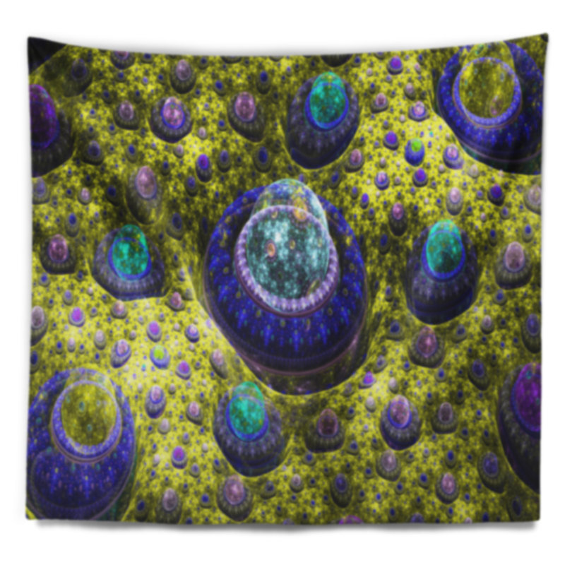 Tapisserie de planète en fractale abstrait jaune exotique, H 68 po x l 80 po