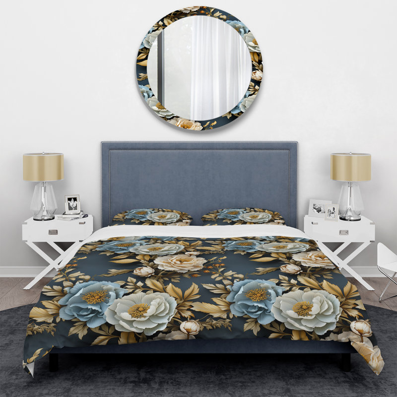 Literie Blue Timeless Floral Elegance Wonderland, Housse de couette pour grand lit et 2 taies décor