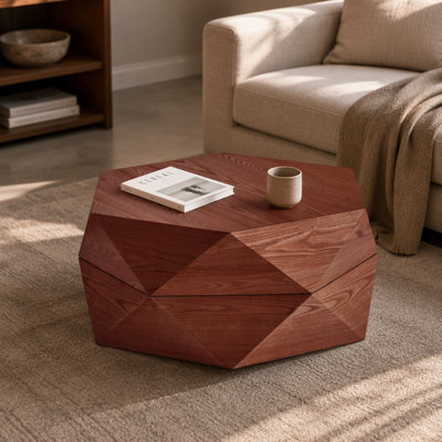 Table basse rétro polygonale à plateau rabattable de 93 cm (36,61 po), avec rangement dissimulé, en placage de bois, idéale pour le salon, la chambre et le bureau.
