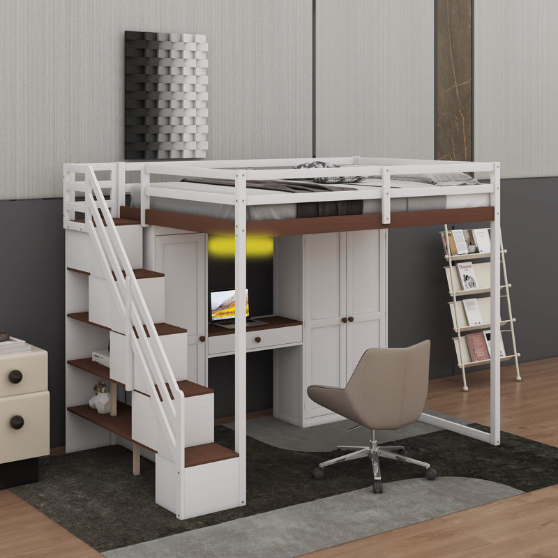 Full Size Loft Bed With Storage Staircase,Built-In Dressing Table With Mirror And Drawer, Wardrobe & Cabinets, USB Charging Ports And Lights