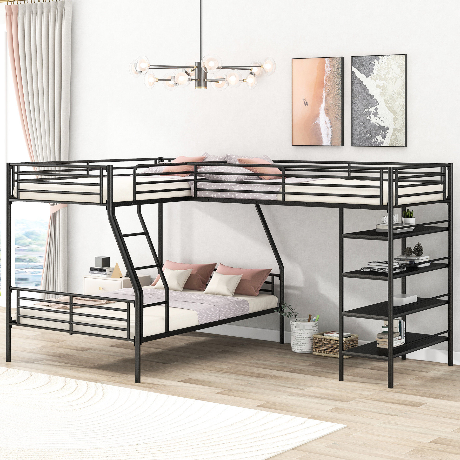 Brayden Studio® Black Metal Bunk Bed With Four Shelves - Versatile ...