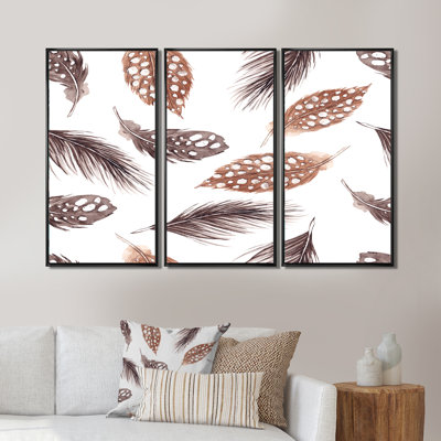 «Brown and Grey Polka Dot Feathers», ensemble de 3 impressions sur toile à cadre flottant