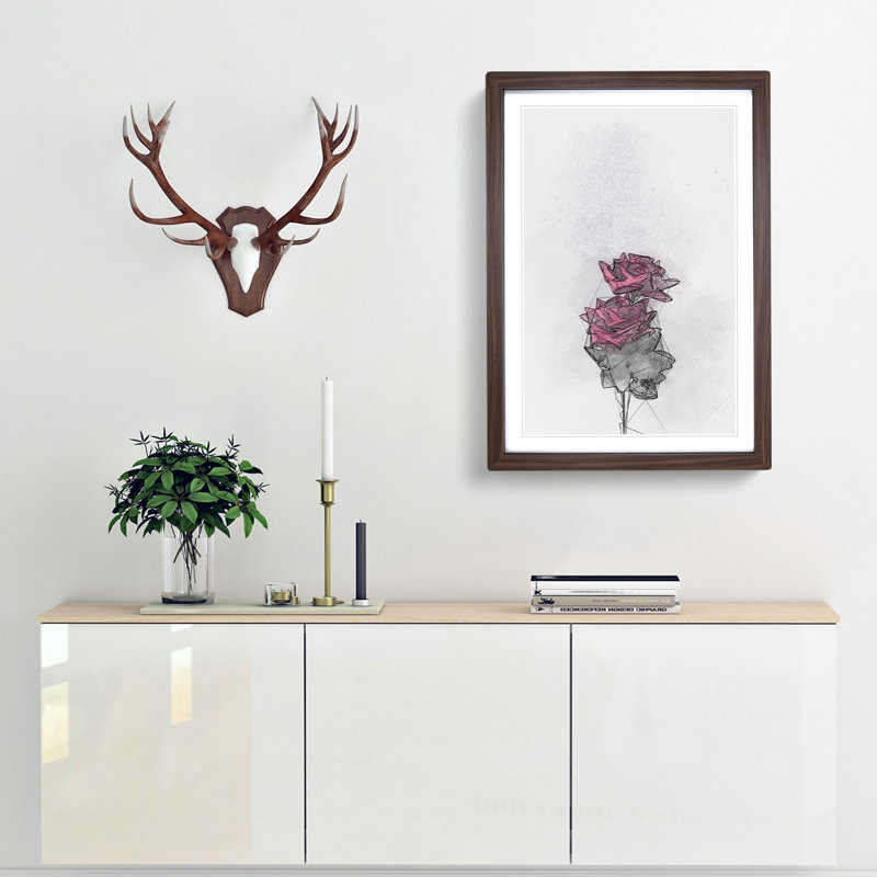 Two Pink Roses in Abstract - Picture Frame Graphic Art Print, 87cm H x 62cm W x 2cm D, Walnut Framed