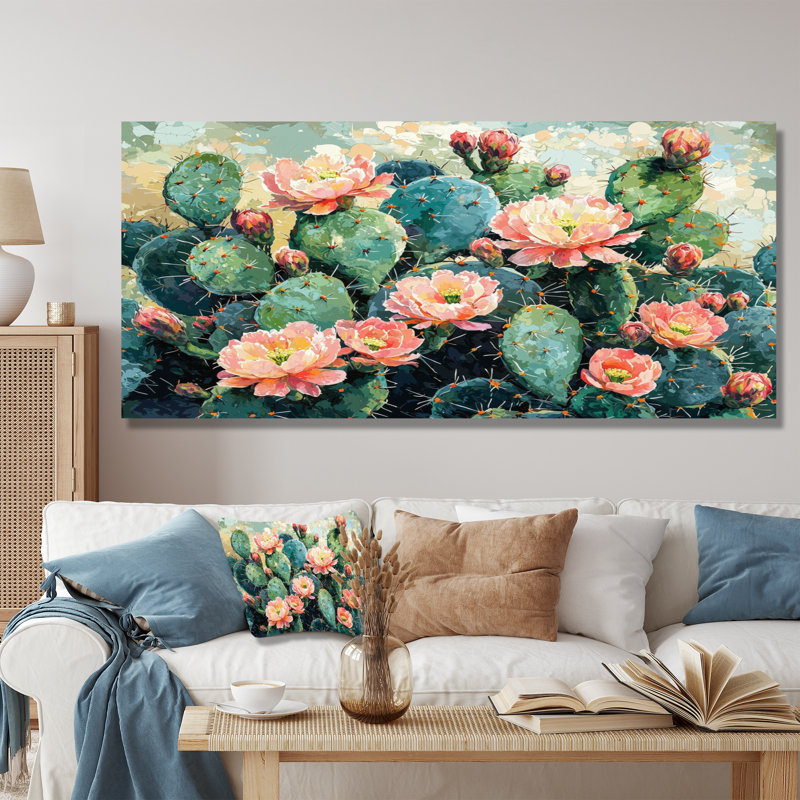 Cactus Garden In Bloom III - Art mural en métal pour salon Cactus, H 28 po x l 60 po
