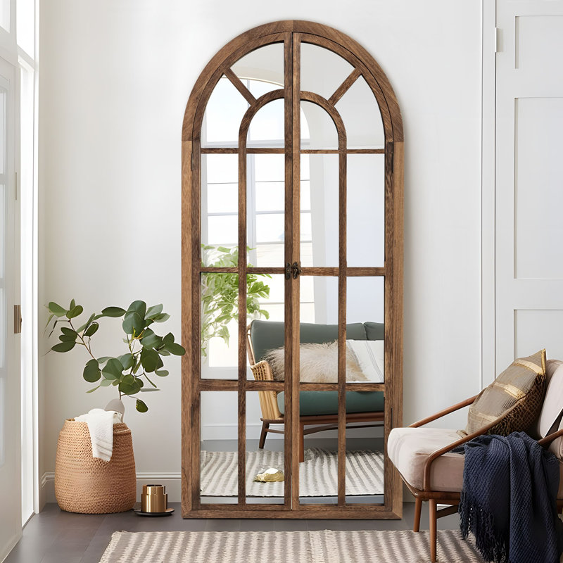 71" H x 31" W Solid Wood Window Pane Arch Full Length Mirror , Charcoal