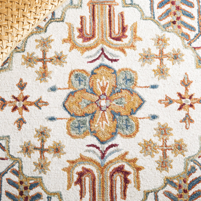 Wahcheechee Southwestern Hand Tufted Wool Area Rug in Ivory/Yellow/Red, Round 4'