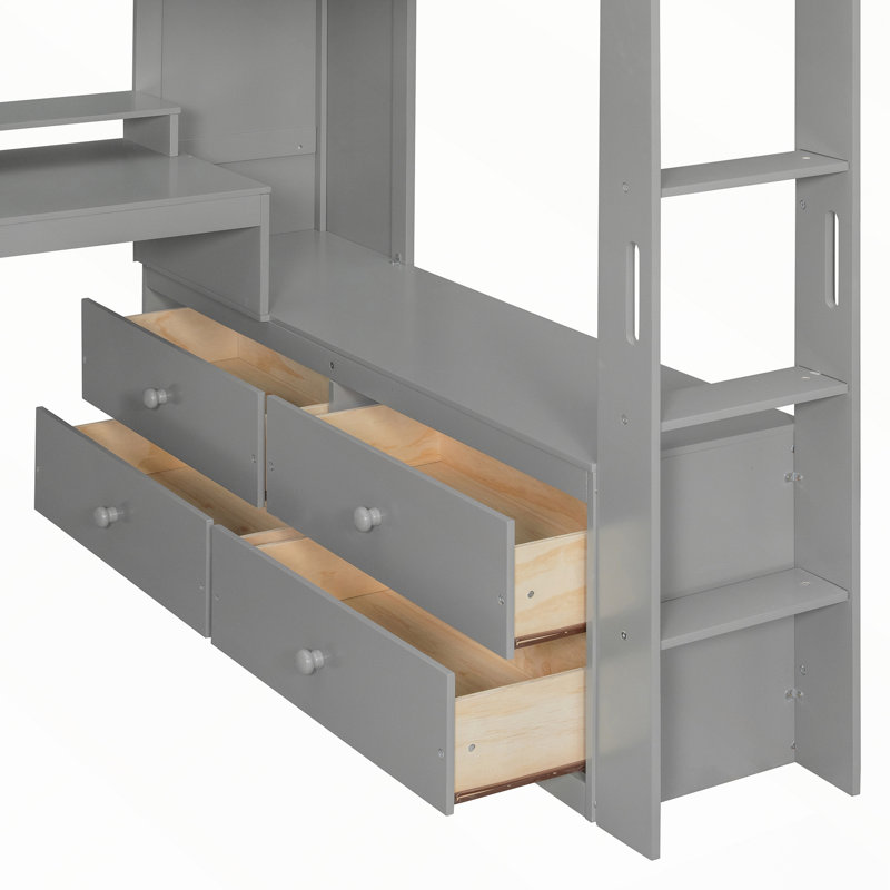 Lit mezzanine en bois massif avec bureau en L, armoire de rangement et garde-robe, Double, Gris