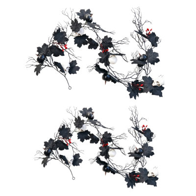 2 Pcs Halloween Artificial Skull Twig Garland, 68.9 Inch Spooky Hanging Vine with Black Maple Leaves, Black Berries and Red Berries, Gothic Branch Garland for Wall, Arch, Haunted House, Halloween Party Decor