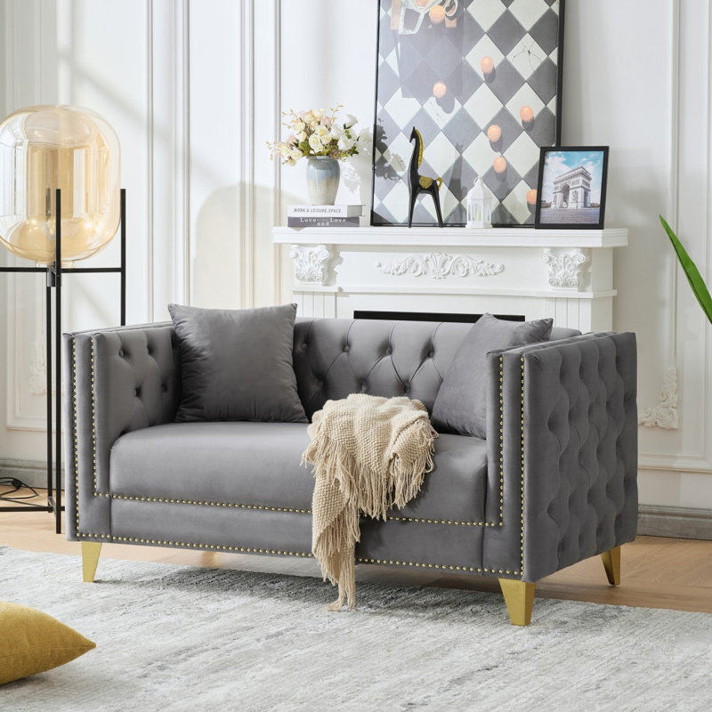 58"Chesterfield Velvet Sofa,2 Seater Deep Seat Sofa,Modern Sofa With Button Nailhead,Square Arm Couches,Furniture For Living Room,Bedroom,Office(Grey)