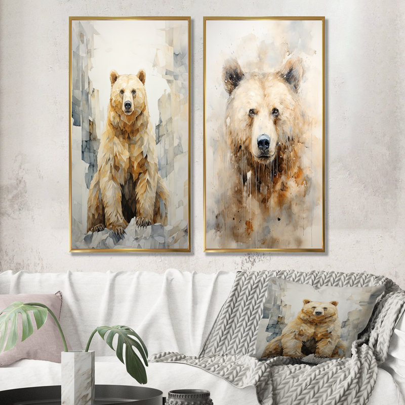 Minimalisme ours dans la glace - ensemble de 2 impressions sur toile d'ours, Encadrement doré, H 32 po x l 33 po
