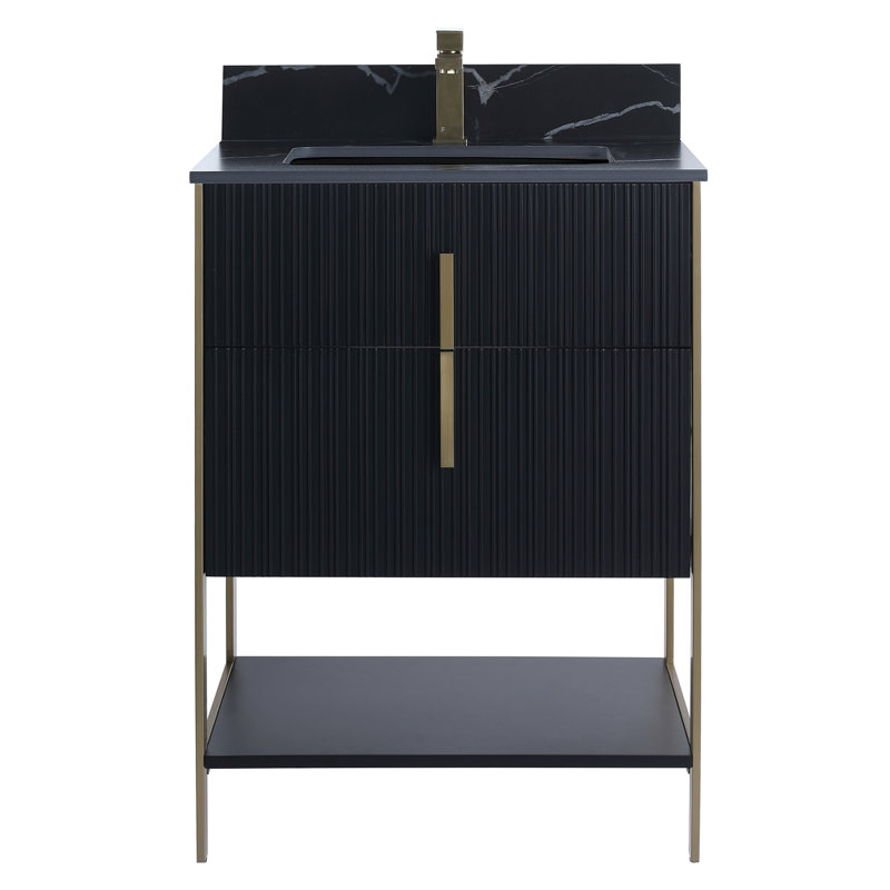  Meuble-lavabo moderne avec plateau en pierre frittée Serenity, Noir mat / laiton, 24", Pierre d'ingénierie noire