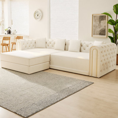 90.6" 3-in-1 Convertible Sleeper Sofa with Ottoman, Elegant Tufted Velvet Couch with Gold Edge Trim & 4 Pillows, Modern 3-Seater Sofa Bed for Living Room, Apartment, Office