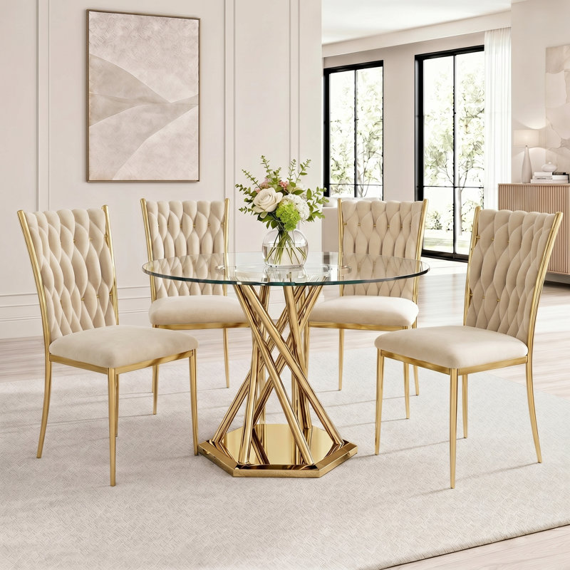 47.2" Modern Round Glass Dining Table, Tempered Glass Table with Gloss Stainless Legs, 29.53"H x 47.2"L x 47.2"W, Gold