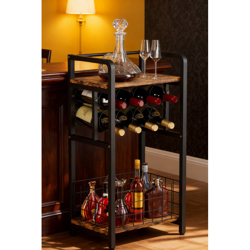 Support à vin autoportant à 3 niveaux avec plateau en bois, support de rangement en métal pour la cuisine, le salon, la cave, table de bar d'angle pour les petits espaces