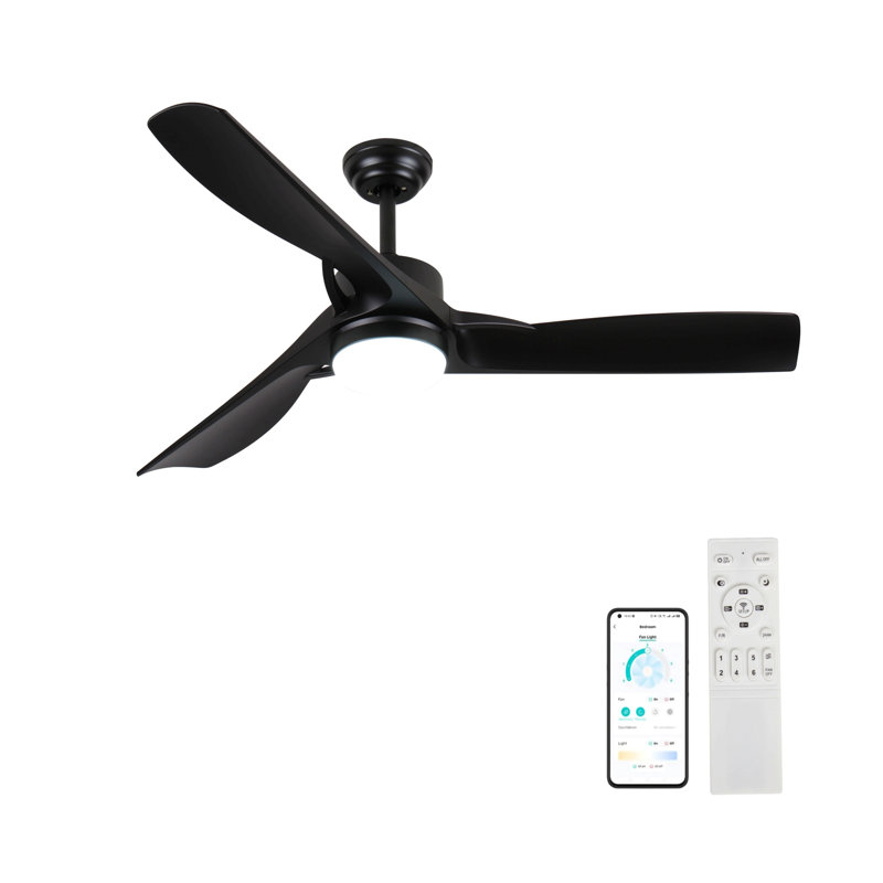 52 Inch Black Ceiling Fan With Light,  Ceiling Fan With 3 Reversible Blades, 2 Downrods, 6-Speed Remote Control