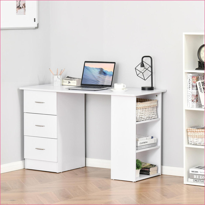 Bureau, bibliothèque de bureau d'ordinateur moderne de 47 po avec 3 tiroirs et amp; 3 tablettes - blanc | Bois d'ingénierie