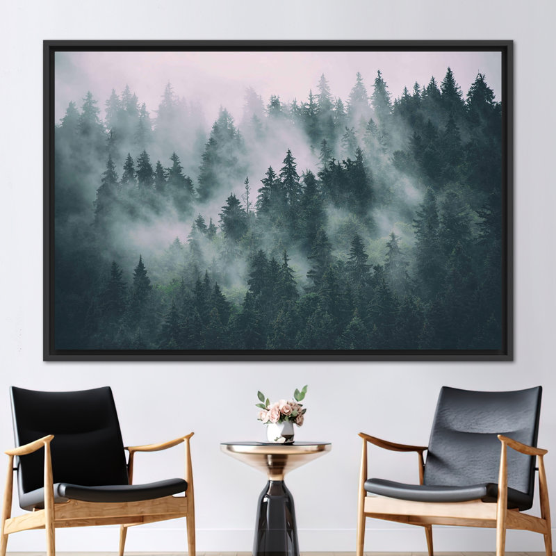 Misty Mountain and Forest Landscape View - Premium Canvas Art for Wall Decor, 25 cm H x 35 cm W, Black Floater Framed