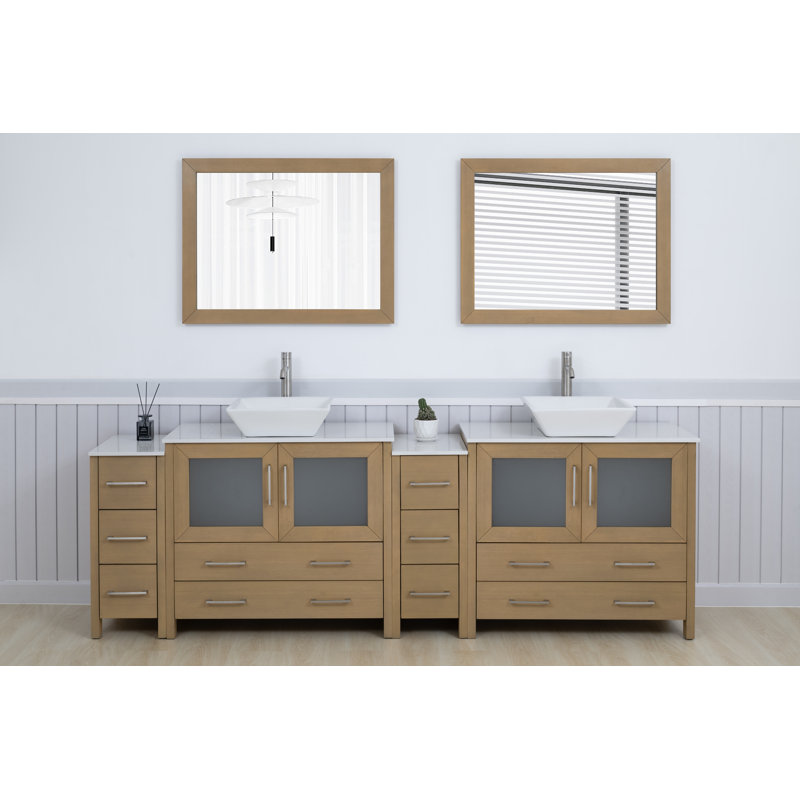  Framed 96" Freestanding Double Sink Bathroom Vanity with Engineered Marble Top and Matching Mirrors, Natural Oak