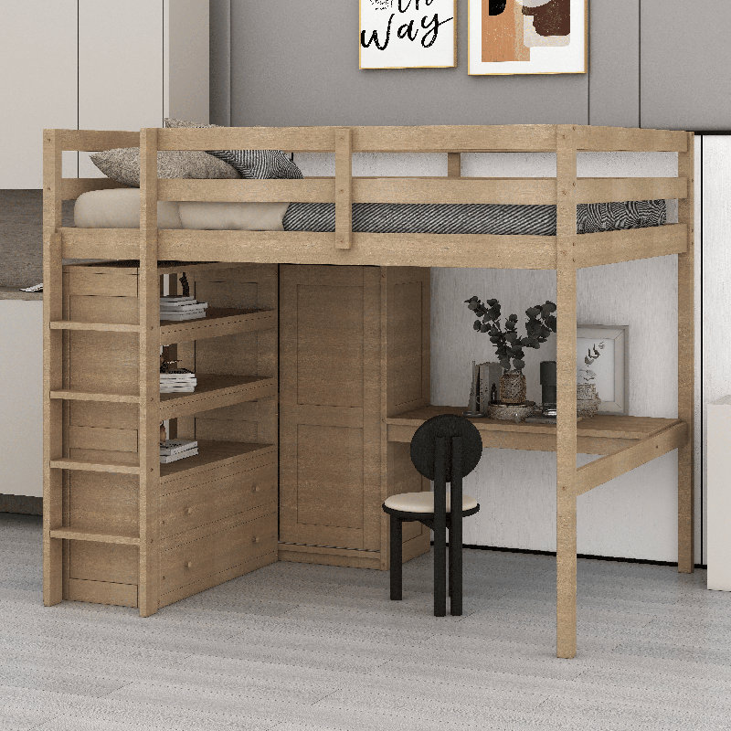 Lit mezzanine double en bois avec tablettes, tiroirs, garde-robe et bureau