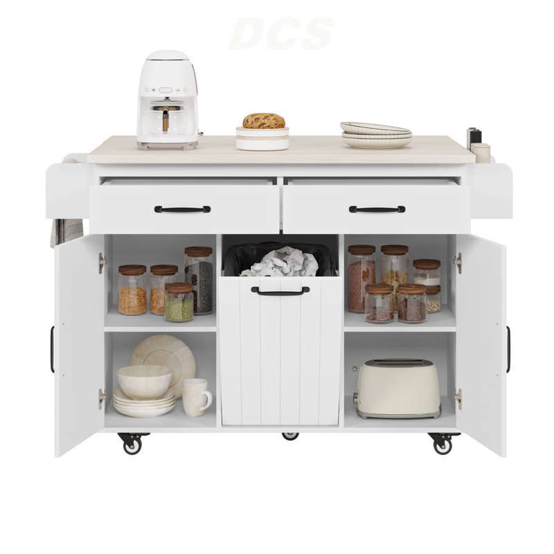 Kitchen Island With Trash Can Storage Cabinet, Kitchen Cart With Drop Leaf, Spice Rack, Towel Rack And Drawer, Rolling Kitchen Island On Wheels With Adjustable Shelf, White, Kitchen Island