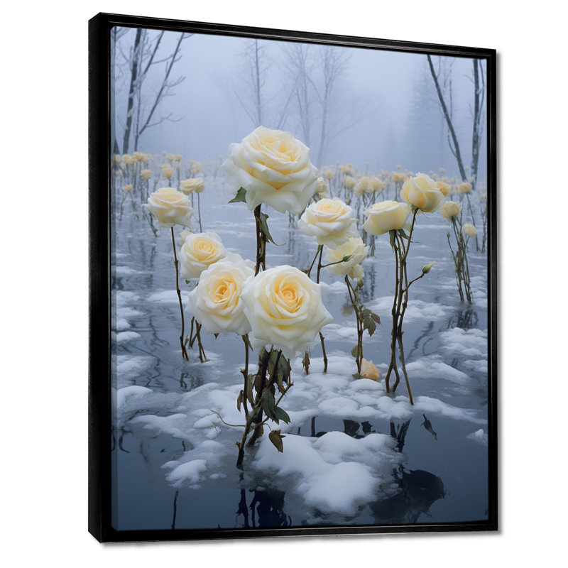 Rose jaune, hiver, neige, lac, roses, art mural, salon, H 20 po x l 12 po x P 1 po, Toile avec cadre flottant noir