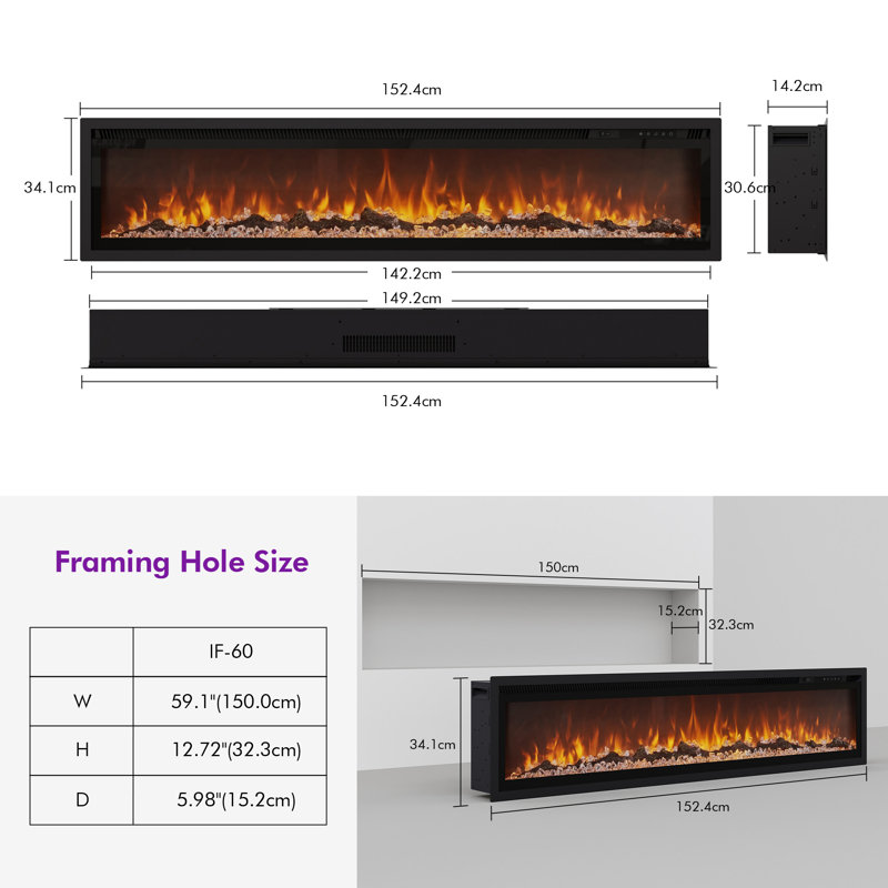 Advait Electric Fireplace For Recessed Or Wall Mount Installation, 34.1cm H x 152.4cm W x 14.2cm D