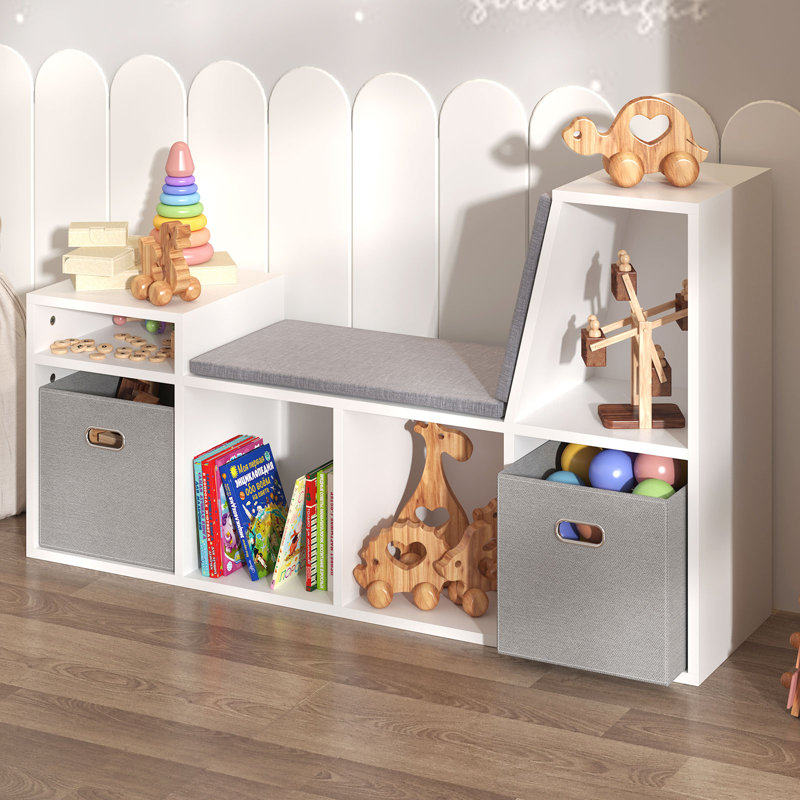 Sydonie 43.3" Reading Nook Bench, Bookcase with Seat Cushion, 6-Cubby Book Shelf Storage Organizer