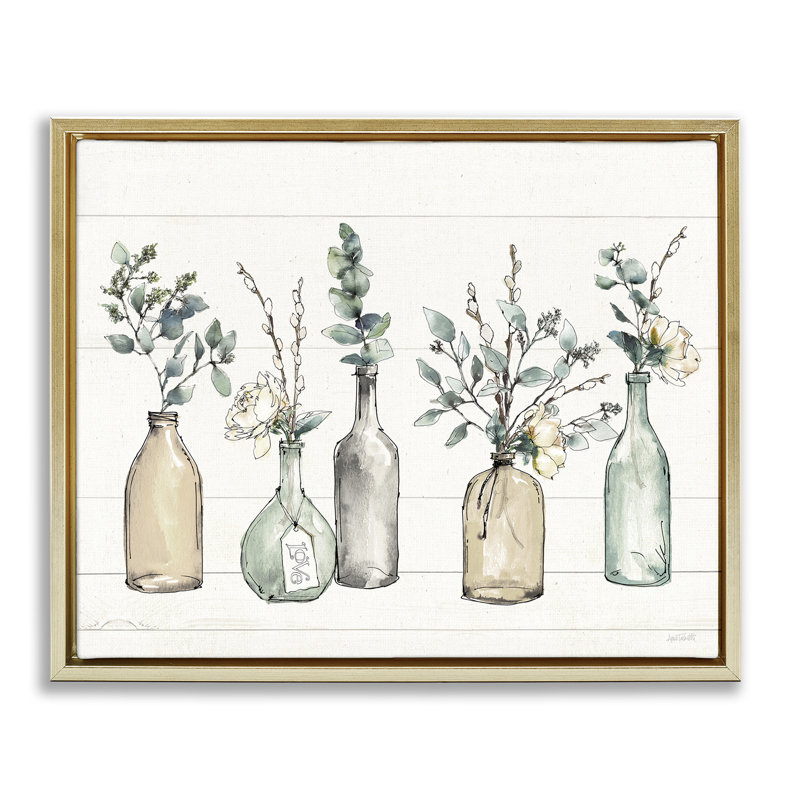«Bottles And Plants Farm Wood Textured Design» par Anne Tavoletti, Cadre flottant métallique doré, L 25 po x H 31 po