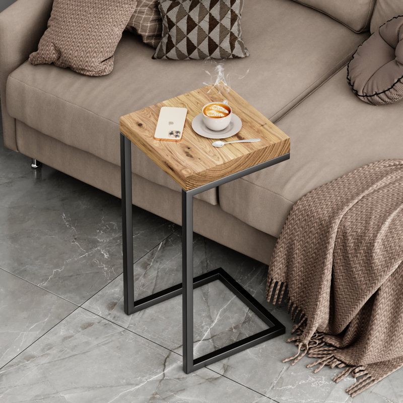 C Shape Rustic Side Table, Black, Aged Oak