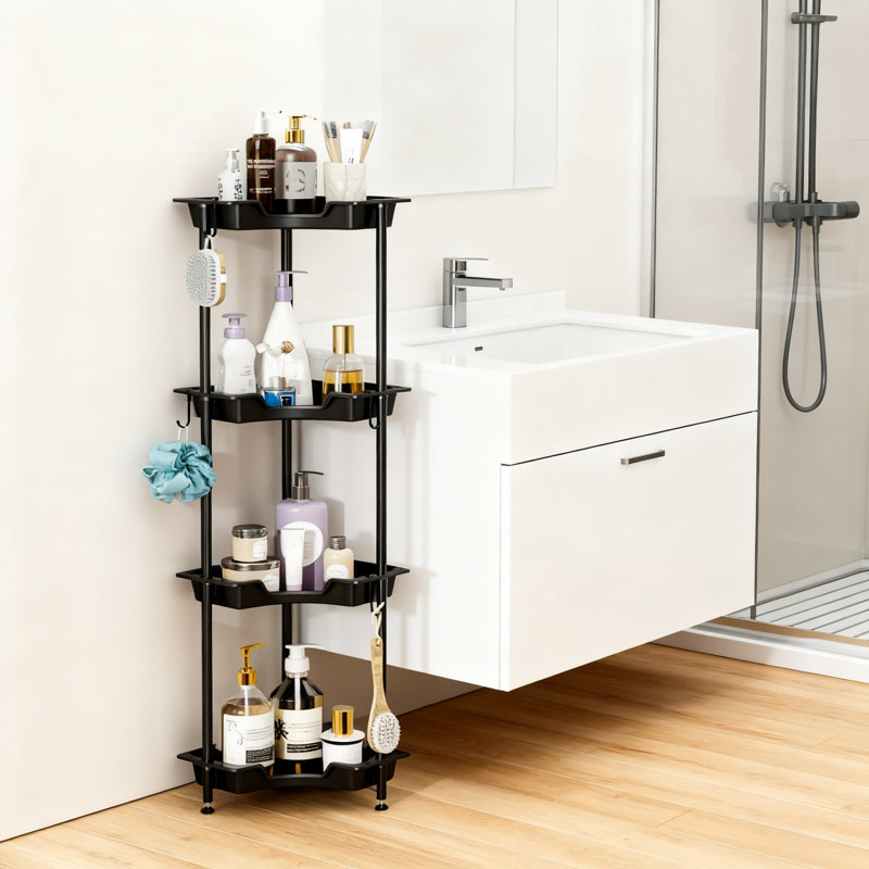 Corner Shower Caddy With 4 Tiers, Hooks & Adjustable Feet - Stainless Steel & Plastic Waterproof Shower Organizer Rack, Black